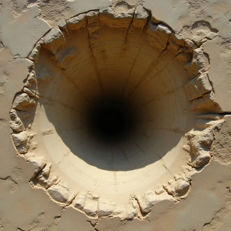 A circular opening in a tan, textured stone surface reveals a deep, conical shaft that transitions from bright beige to a dark black center. The rough, jagged edges of the hole contrast with the smooth, concentric ridges lining the interior walls. Light enters from above, creating soft shadows that define the depth and spiraling geometry of the void.