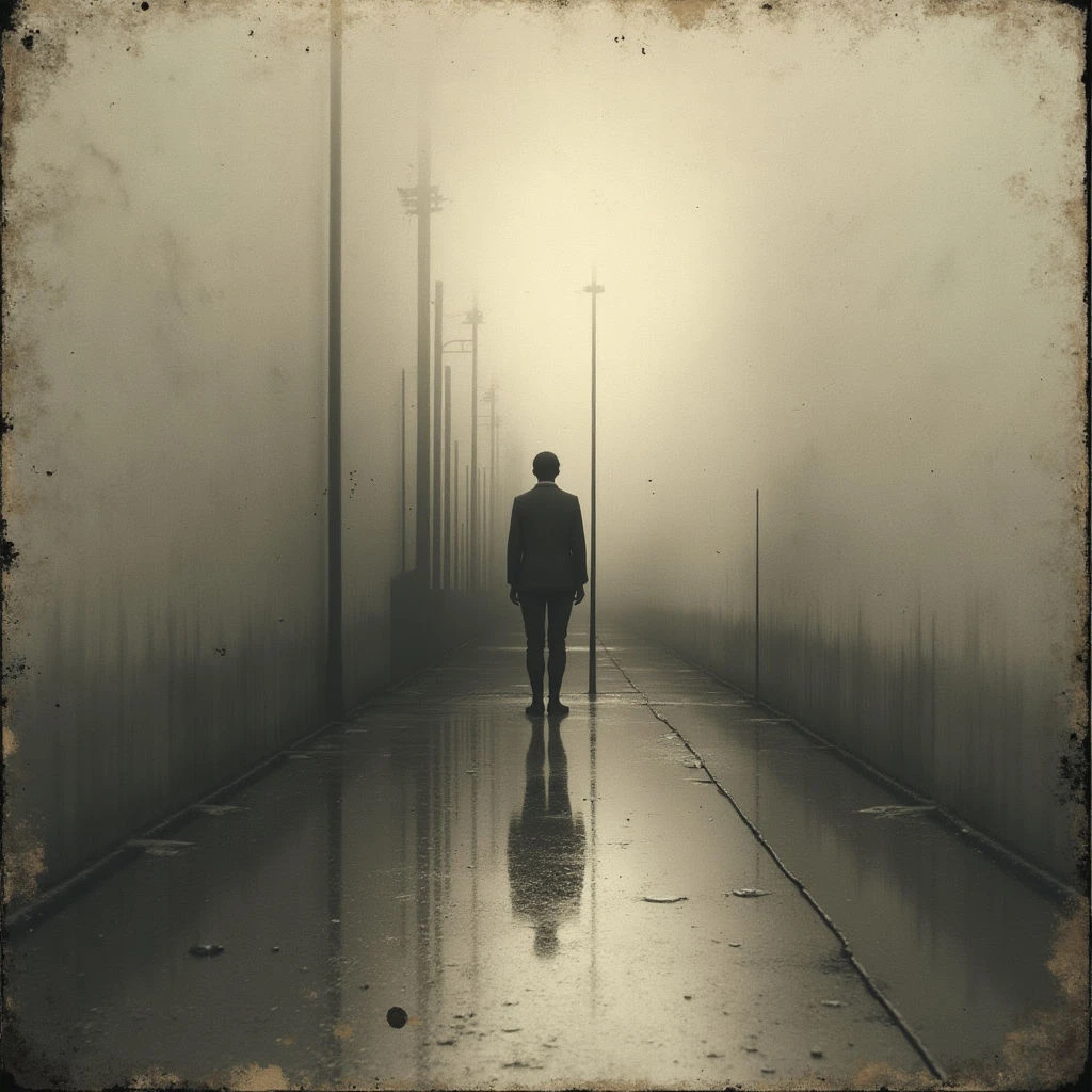 A lone figure in a dark suit stands on a wet, reflective pavement stretching into a dense fog. Rows of tall, indistinct poles line either side of the walkway, disappearing into the haze. The scene is muted and somber, creating a feeling of isolation and uncertainty.