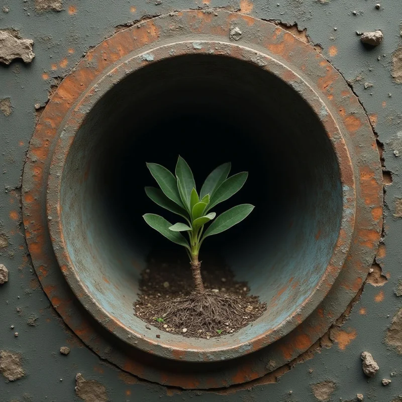 A small green plant with smooth leaves grows from dark soil centered within a circular, rusted metal pipe. The composition features a contrast between the organic textures of the foliage and roots against the rough, weathered surface of the surrounding grey wall and orange-brown ring. Light illuminates the plant in the center of the dark, recessed tunnel, creating a sense of depth through the concentric circular shapes.