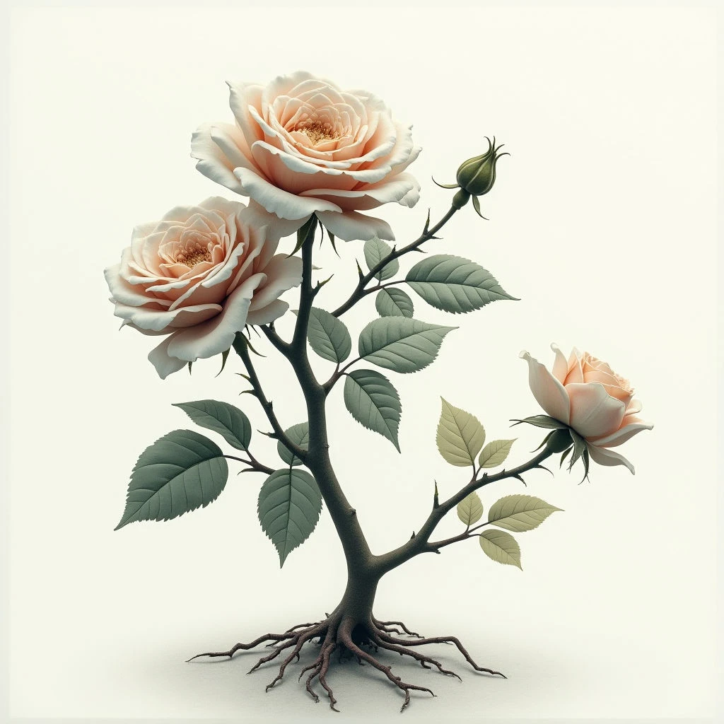 A small rose bush with three blooms and a single bud stands against a pale background, its roots visible at the base. The roses are a delicate peach color, fully open and detailed with ruffled petals. Dark green leaves sprout along twisting branches from the woody stem.