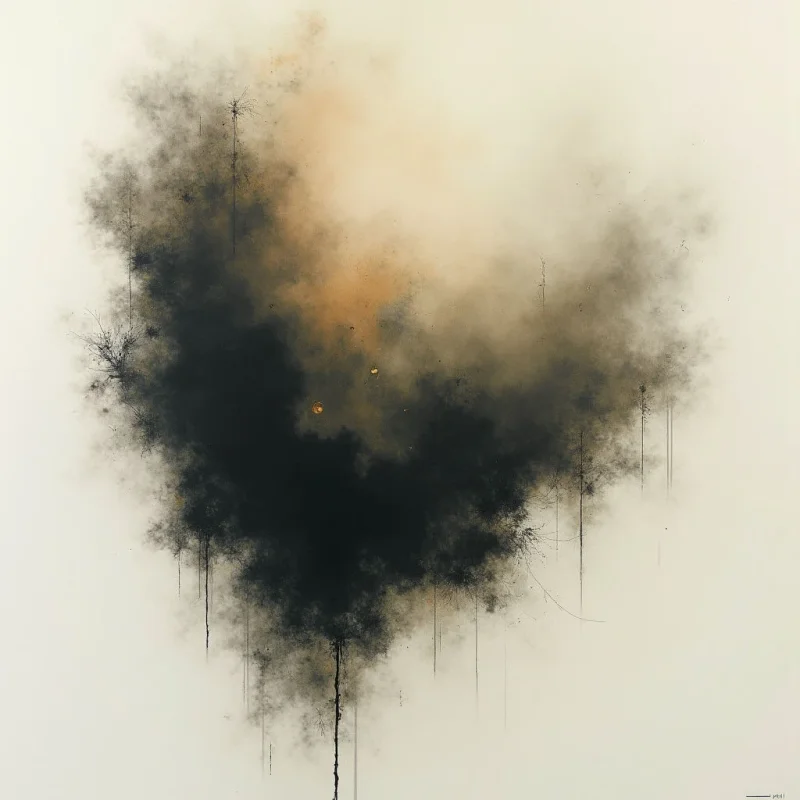 A dark, amorphous shape dominates the center of a pale background, resembling a shadowy mass or perhaps a distorted tree. Hints of gold and brown are visible within the darkness, punctuated by small flecks of light. Thin, delicate lines extend downwards from the form, suggesting roots or tendrils against the neutral space.