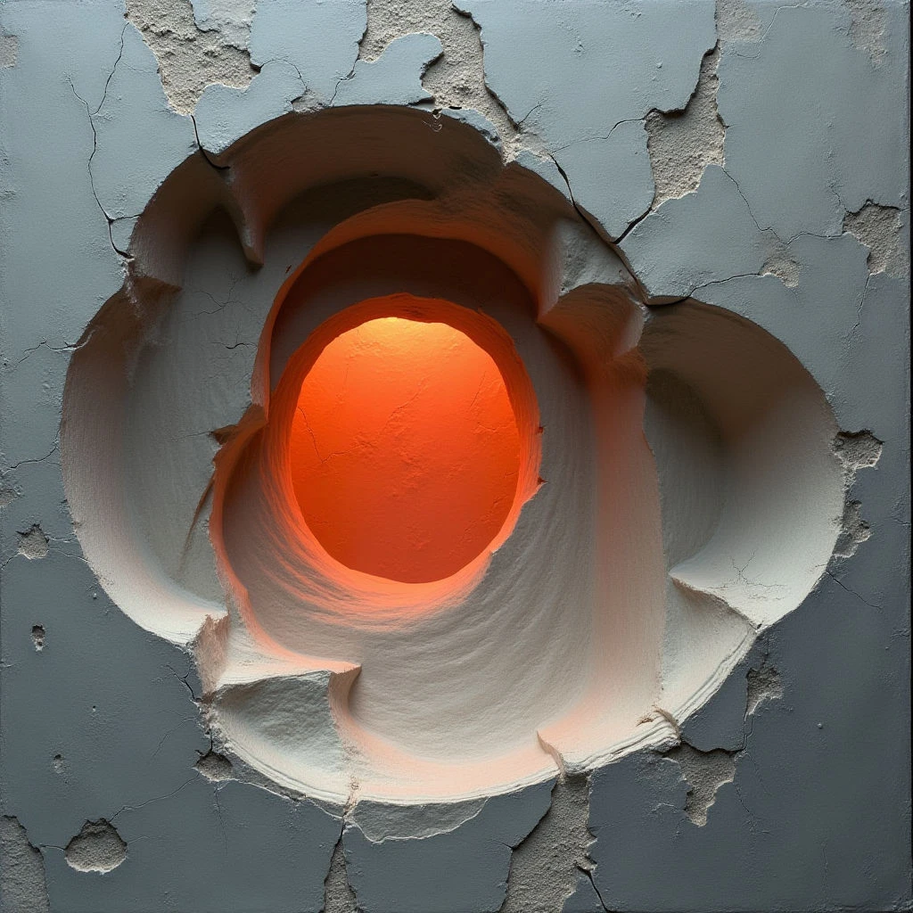 The image features a predominantly cool gray surface with significant textural variation due to cracking and chipping. A central circular opening reveals an intense orange glow within, creating a strong contrast in both color and value. The shapes are largely organic and irregular, with the surrounding gray material appearing eroded around the smooth, illuminated circle at its core.
