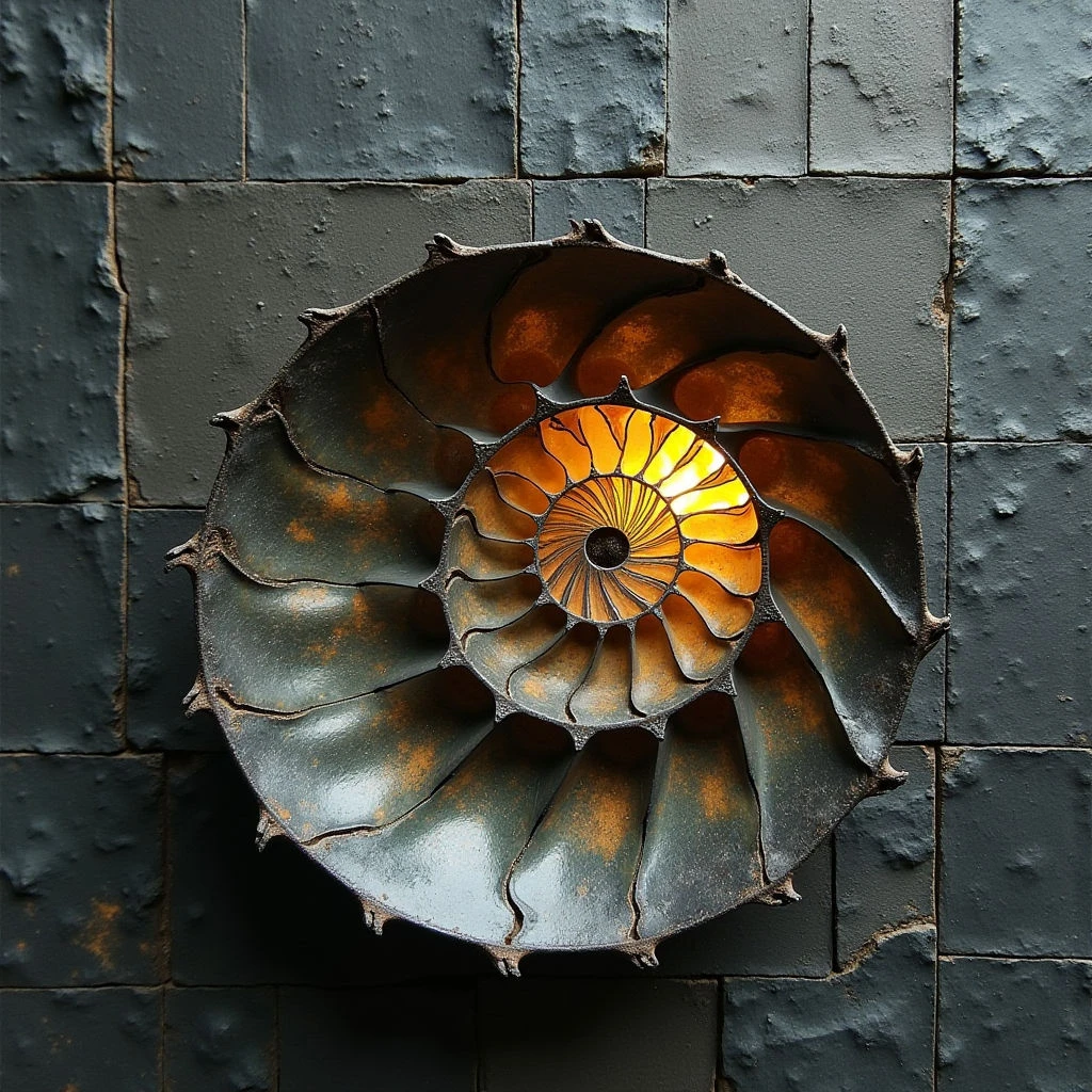 The image features a large, spiraling form mounted on a dark, textured wall composed of square tiles. The spiral exhibits gradients of brown and orange tones radiating from a bright, golden center, with the outer edges appearing darker and more muted in color. Light emanates from within the spiral’s core, casting subtle shadows that define its chambers and highlighting the rough texture of both the shell-like form and the wall behind it.