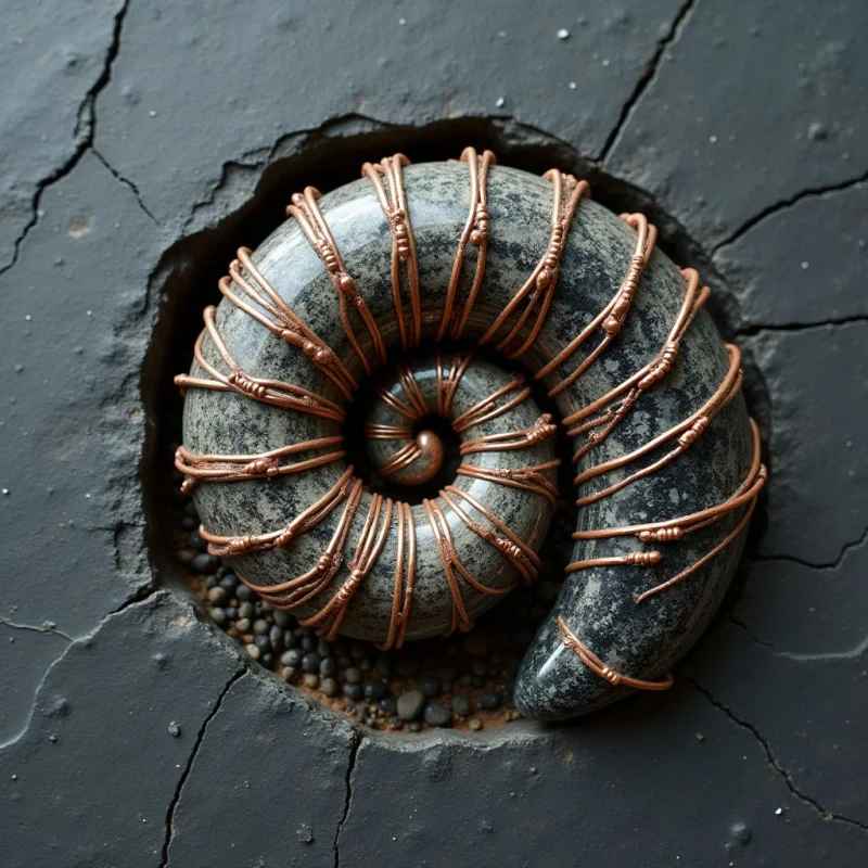 A dark, textured stone spiral wrapped in thin copper wires rests within a circular indentation filled with small pebbles. The composition features a contrast between the smooth, mottled grey surface of the shell and the metallic sheen of the coiled wire. Light falls from above, casting soft shadows within the recessed cavity and highlighting the rhythmic curves of the spiral shape.