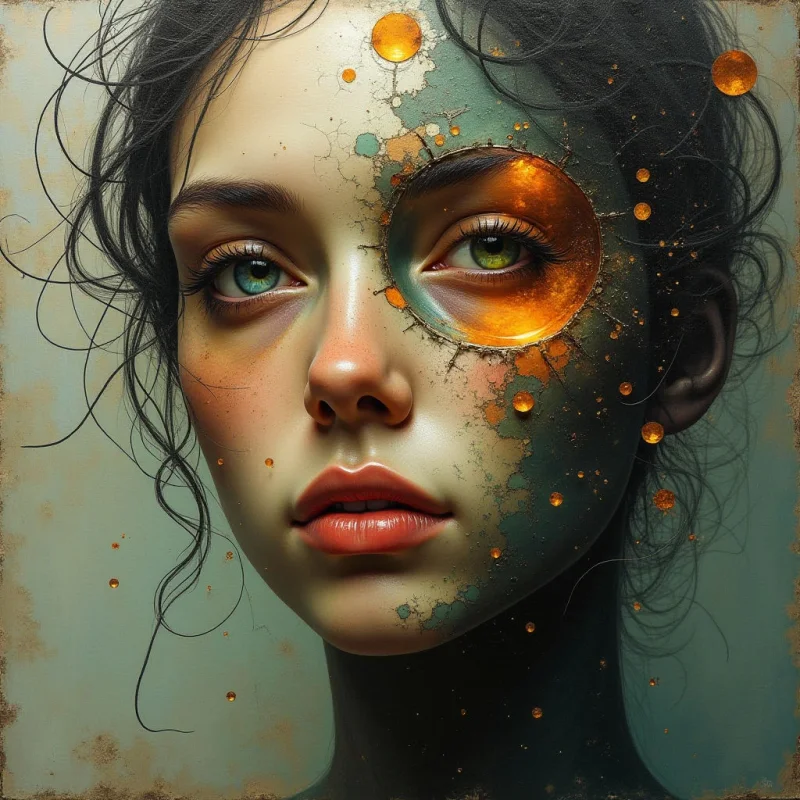 The image centers on a close-up portrait of a face with pale skin tones contrasted by teal and rust-colored markings across the cheeks and forehead. Circular shapes—varying in size and filled with warm orange hues—are overlaid upon these textures, appearing to partially obscure the eye and scattered around the periphery. Soft lighting highlights the facial features while a blurred background suggests depth, though spatial relationships remain relatively flat due to the focus on the face.
