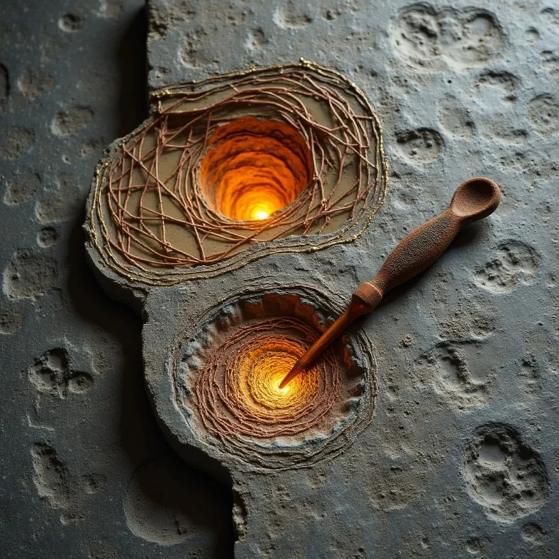 A textured, grey stone surface features two deep, circular craters filled with glowing orange light and swirling amber patterns. A slender, brown tool rests diagonally across the composition, its tip submerged within the lower luminous cavity. The scene is defined by the sharp contrast between the matte, pitted stone and the radiant, fluid warmth emanating from the hollows.
