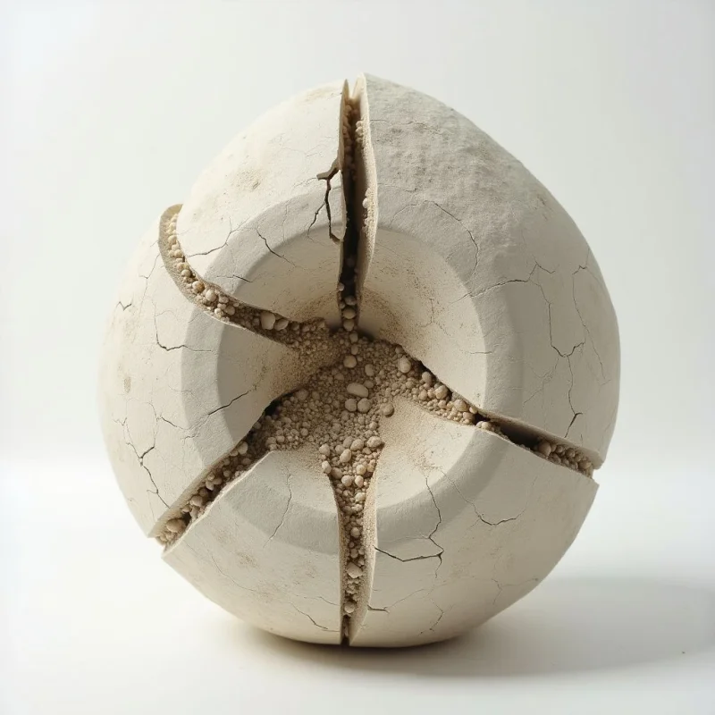 A spherical object with a rough, cracked texture is split by deep crevices that reveal a granular, pebble-like interior. The composition uses a monochromatic palette of off-white and beige tones under soft, diffused lighting. These cracks radiate from the center toward the edges, creating a sense of internal pressure within the rounded form against a plain white background.