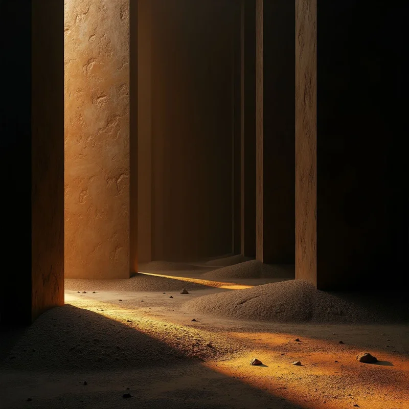 Tall, rectangular monoliths in earthy ochre and deep shadow create a rhythmic vertical pattern against a dark background. Sunlight cuts across the scene in sharp diagonal beams, illuminating the grainy, sand-like texture of mounds on the ground. The composition relies on high contrast between bright highlights and heavy shadows to define the spatial depth between the massive pillars.