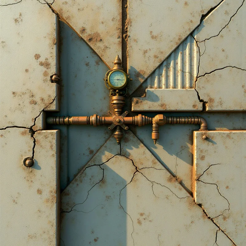 A weathered, pale blue surface featuring jagged cracks and gritty brown stains serves as a backdrop for metallic bronze pipes and a circular gauge. The composition is defined by sharp geometric lines and shadows that create depth against the flat, textured panels. Light strikes from the side, casting long shadows and highlighting the ribbed texture of a small metal vent.