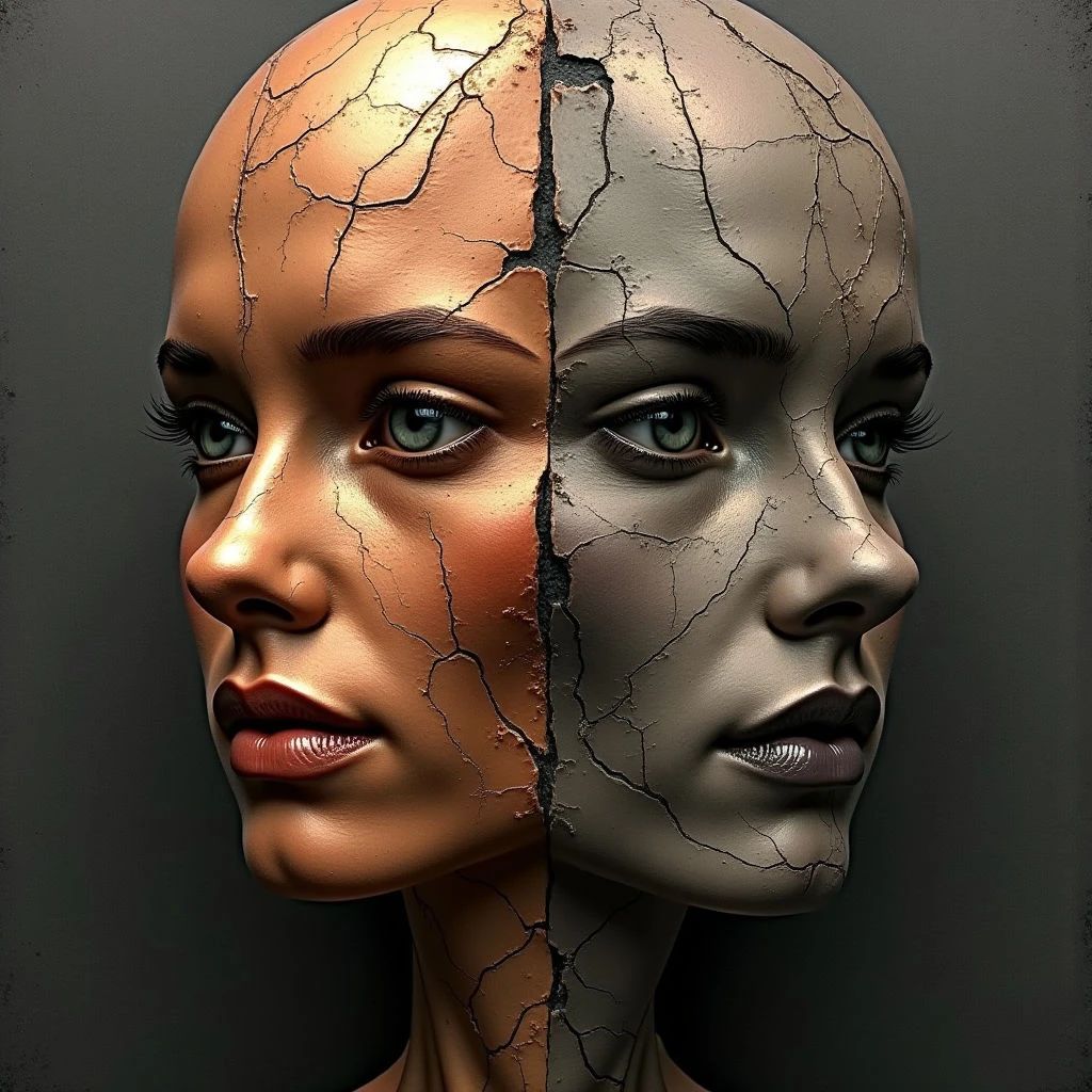 The image presents a symmetrical face bisected vertically into two distinct halves—one warm-toned and smooth, the other cool-toned and cracked. Both sides feature detailed facial features including prominent eyes with dark lashes and full lips, set against a dark gray background. A network of fine cracks covers one half of the face and extends onto the neck, contrasting sharply with the polished texture on the opposing side.