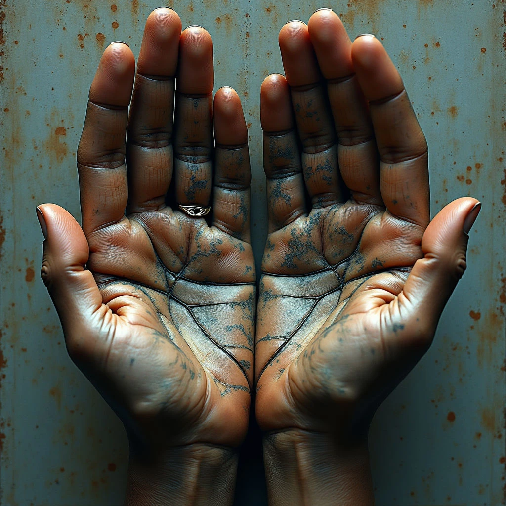 Two open hands with dark skin tones dominate the frame, set against a mottled teal and rust-colored background. The palms display complex networks of lines and subtle variations in texture, contrasted by smoother finger surfaces; a ring is visible on one hand. Light emphasizes the contours of the hands, creating shadows within the creases and highlighting the space between them and the backdrop.