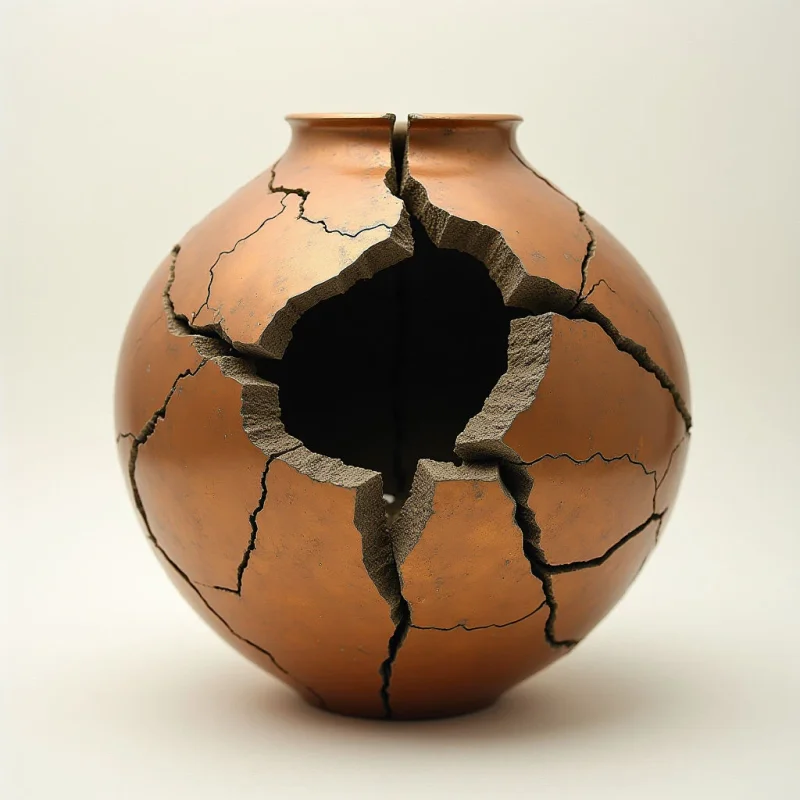 A spherical copper-colored vessel features a large, jagged central void and several radiating cracks across its matte surface. The object sits centrally against a plain, light background, casting a soft shadow beneath it. Light illuminates the smooth exterior while revealing the rough, granular texture within the broken edges.