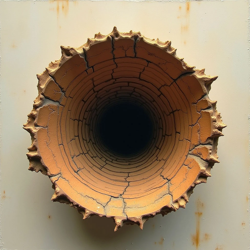 The image features a circular opening with a rough, earthen texture in shades of ochre and brown. Concentric rings form the interior of the hole, marked by numerous cracks radiating from the center towards a jagged outer edge. A dark void occupies the central space, contrasting sharply with the surrounding lighter tones, and the composition is set against a pale, neutral background with areas of rust-colored staining.