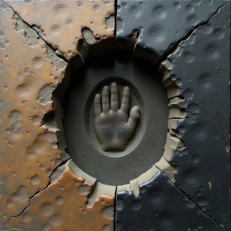 A central circular indentation contains a raised relief of an open hand, set against a dark grey background. The surrounding surface is split vertically into tan and black halves, both featuring irregular pits and jagged cracks that radiate toward the center. Light hits the textures from the upper left, casting shadows within the depressions and emphasizing the rough, weathered surfaces.
