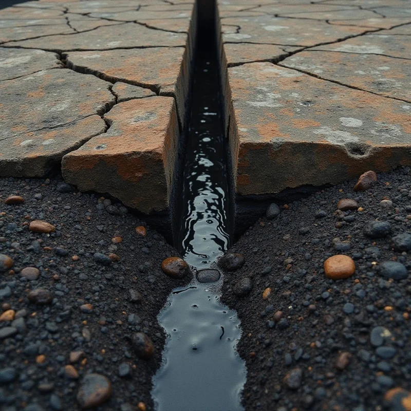 A narrow channel of dark, reflective liquid flows through a gap between large, cracked slabs of earthy brown stone and a bed of coarse, dark grey pebbles. The composition is defined by strong linear perspectives that draw the eye toward the center, contrasting the flat, textured surfaces of the masonry with the smooth, fluid appearance of the water. Muted natural tones of ochre, charcoal, and deep slate dominate the scene under soft, even lighting.