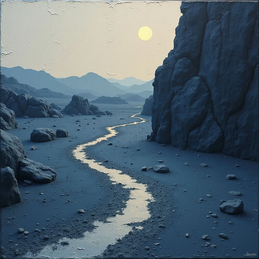 The scene is dominated by cool blues and grays, with a pale yellow sun positioned centrally in a hazy sky. Rough, angular rock formations flank a winding stream that reflects light across a flat, pebbled landscape. Distant mountains fade into the background, creating a sense of depth while the foreground features more defined textures and shapes from the scattered stones.