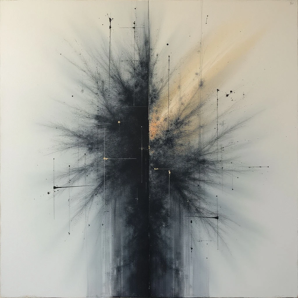 A dark, vertical shape dominates the center of a pale background, appearing to explode outwards with fine lines and specks. Golden highlights radiate from a central point within the darkness, contrasting with the surrounding black and gray tones. Thin, scattered lines extend beyond the main form, creating a sense of energy and expansion across the canvas.