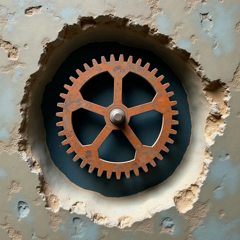 A rusted, orange gear with jagged teeth is centered within a dark circular void in a textured, beige wall. The rough, crumbling edges of the surrounding masonry create a high-contrast border around the smooth, metallic spokes and central axle. Soft light illuminates the uneven surface of the stone, highlighting its grainy texture and scattered blue-grey patches.