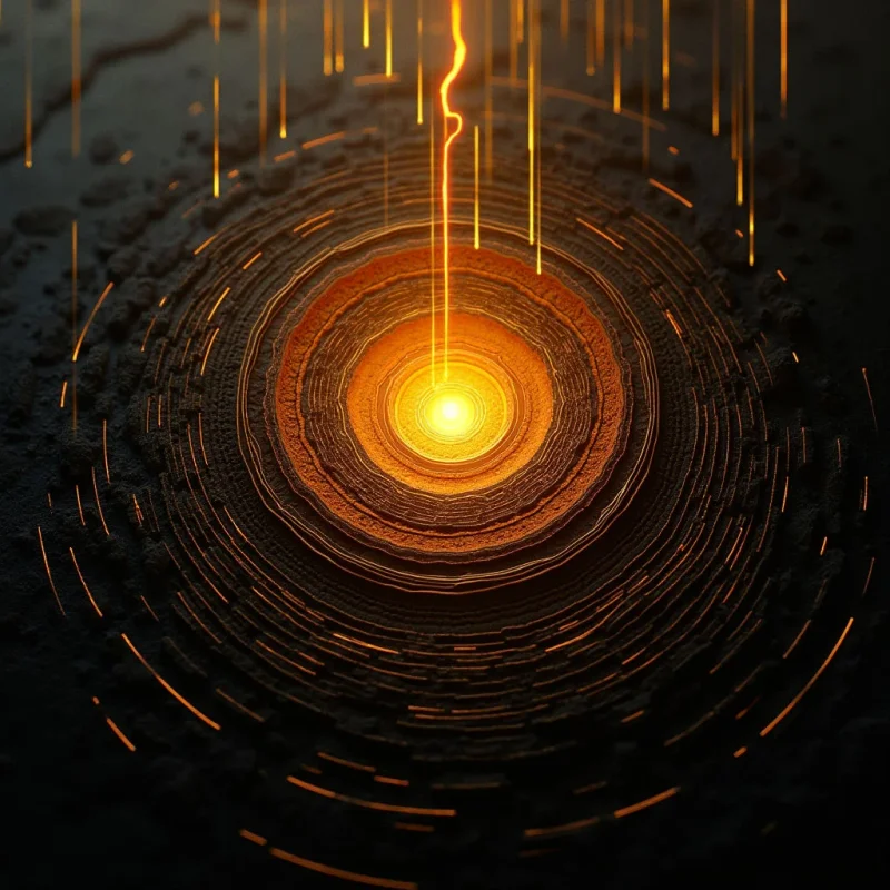 Concentric circular ridges of dark, granular material spiral outward from a bright yellow luminous center. Vertical streaks of orange light descend through the composition, cutting across the textured, shadowy layers. The arrangement creates a sense of depth with a glowing core centered within a vast, dark void.