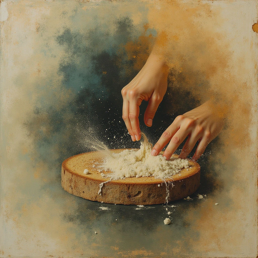 The image features a warm color palette dominated by ochre and golden tones, contrasted with cooler greyish-blue shadows in the background. A rough-hewn circular wooden board occupies the lower center of the frame, covered in a mound of pale flour that is being manipulated by two hands; textures range from the smooth skin to the granular powder and coarse wood grain. Light appears diffused and originates from above, creating soft highlights on the hands and flour while casting subtle shadows around the edges of the composition.