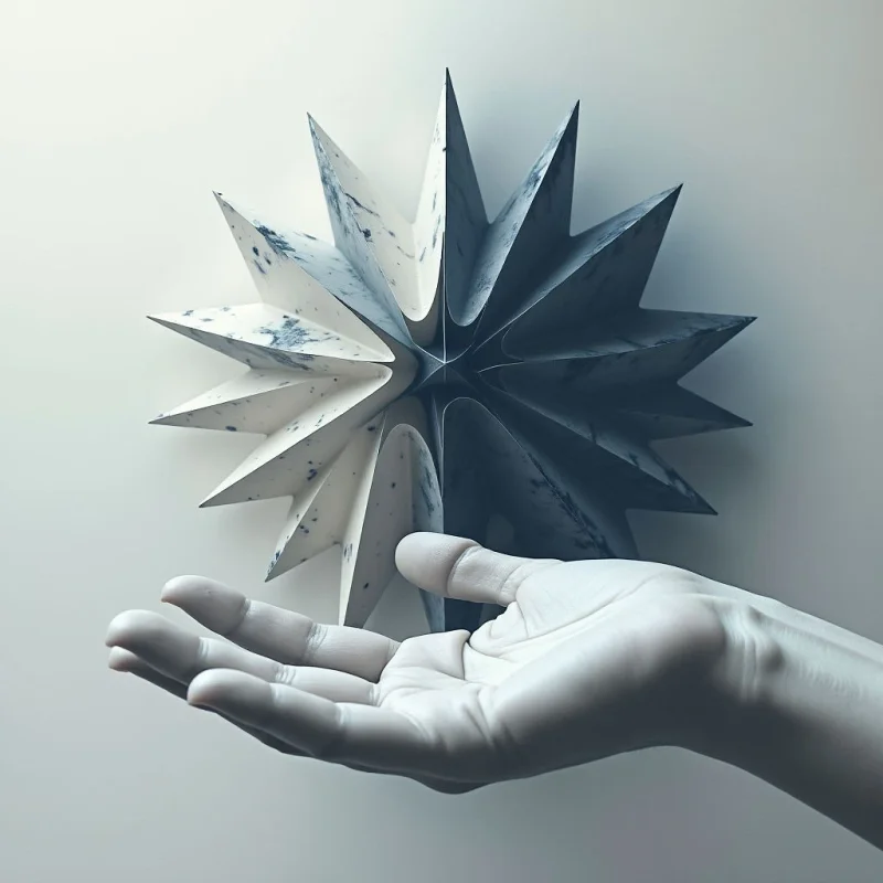 A multifaceted star shape with a marbled texture of white and dark grey tones floats above an open human hand. The composition features sharp, angular planes contrasted by the smooth, pale skin of the palm. Soft, diffused light casts gentle shadows against a neutral, monochromatic background, creating a sense of depth between the object and the hand.