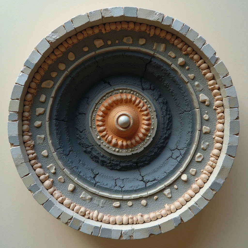 The piece is a circular arrangement of concentric rings in varying shades of gray and tan. Rough, cracked textures dominate the inner areas while smoother, repeating geometric shapes—small cylinders and rounded studs—form the outer bands. Light appears diffuse, casting subtle shadows that emphasize the depth of the layered composition and central indentation.