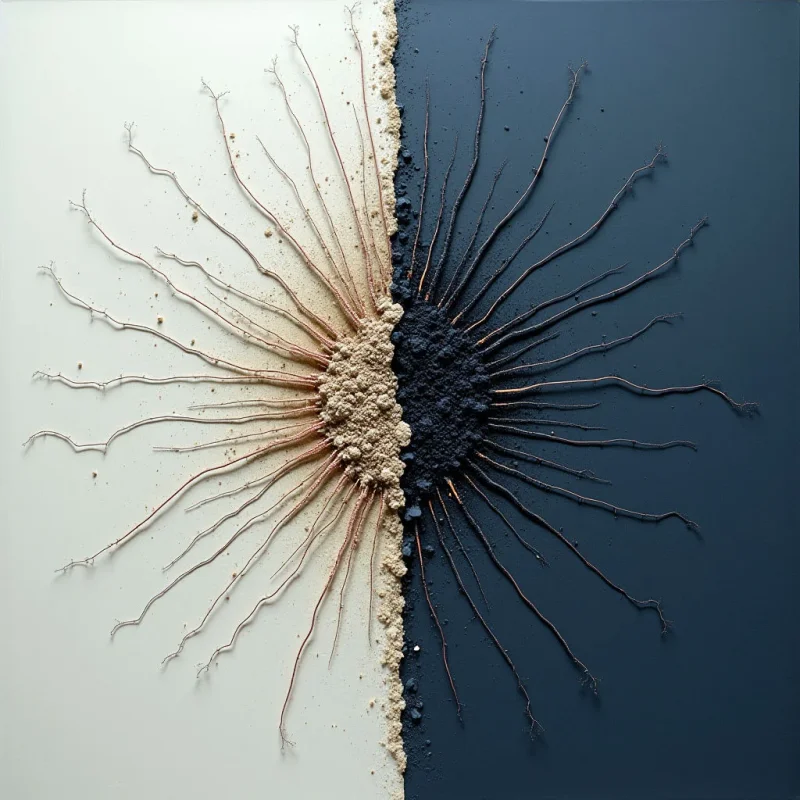 A central mass of granular texture is split vertically between a cream background and a dark navy blue background. Thin, spindly lines radiate outward from the center in all directions, creating a symmetrical starburst pattern across both color fields. The composition relies on high contrast between light and dark tones and organic, branch-like shapes.