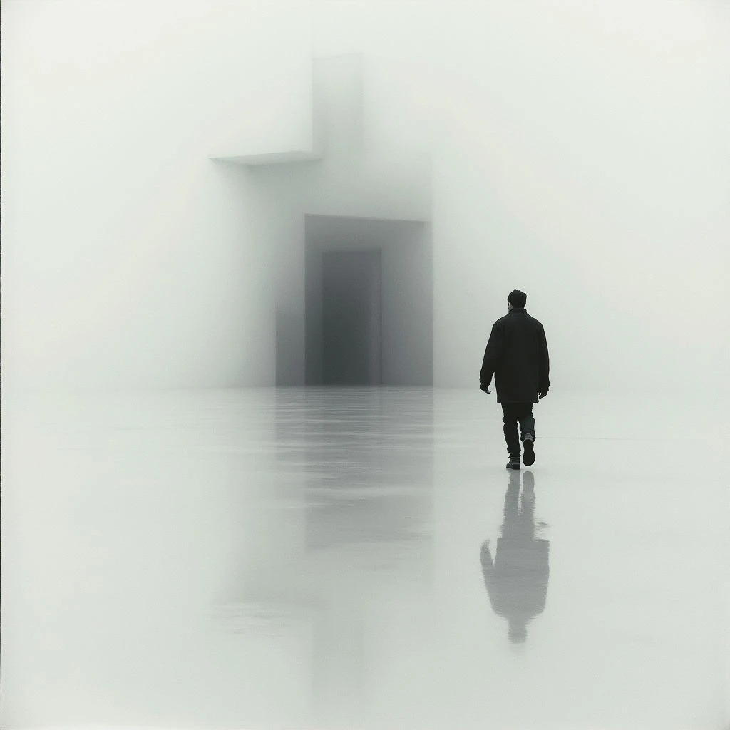 A man walks away from the viewer across a highly reflective, white floor that appears to be flooded with water. He is heading towards a blurred, doorway-like structure shrouded in thick fog. The scene evokes a sense of isolation and disorientation due to the monochromatic palette and lack of clear definition.