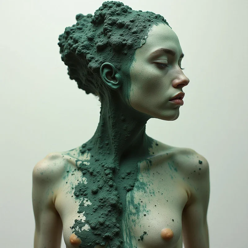 A pale-skinned figure is partially covered in thick, textured clumps of dark teal material that cling to the head, neck, and torso. The composition features a profile view against a neutral, light gray background, creating a stark contrast between smooth skin and granular, organic shapes. Soft, diffused light illuminates the scene, emphasizing the physical depth of the teal substance and the subtle contours of the body.