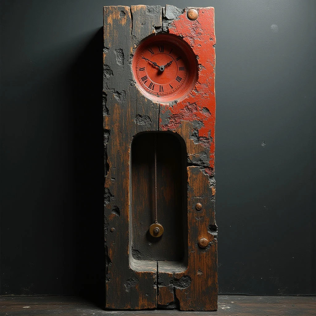 The piece is primarily composed of weathered wood in shades of dark brown and faded red, with a circular clock face providing a focal point of orange and white. The textures are rough and uneven across the wood’s surface, contrasting with the smooth metal components of the clock and visible pendulum mechanism within a recessed vertical space. Light appears to come from above and slightly to the left, creating shadows that emphasize the object's three-dimensional form against a dark gray background.