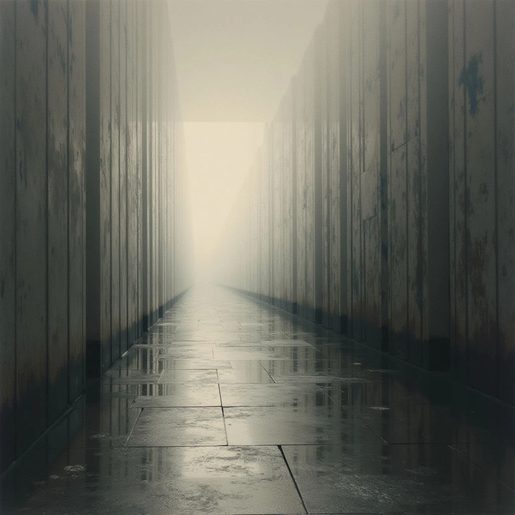 A long, narrow corridor stretches forward between tall, grey stone walls. The ground is wet and reflective, mirroring the pillars on either side. A bright light shines at the end of the passage, obscured by a hazy mist.