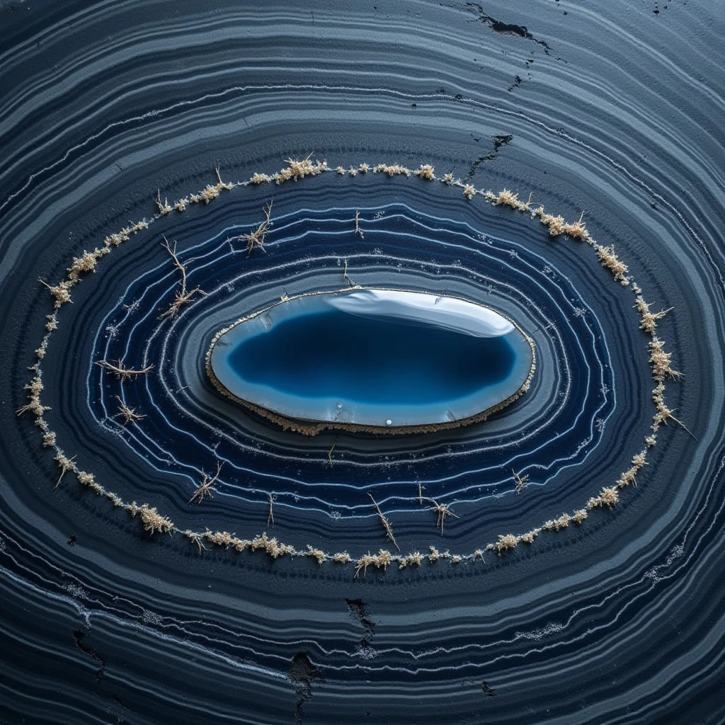 The image features concentric oval bands of dark blues and grays, resembling a cross-section of stone or wood. A central, polished blue form is surrounded by layers of textured rings containing small, scattered pale objects. Light appears to reflect off the smooth center while the surrounding areas are more subdued, creating depth within the circular composition.