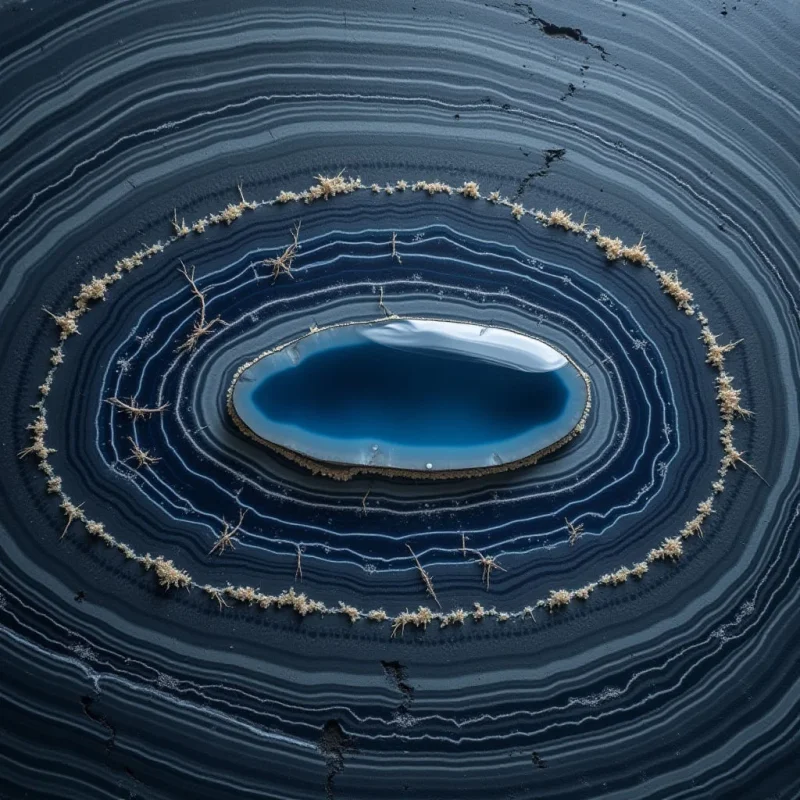 The image features concentric oval bands of dark blues and grays, resembling a cross-section of stone or wood. A central, polished blue form is surrounded by layers of textured rings containing small, scattered pale objects. Light appears to reflect off the smooth center while the surrounding areas are more subdued, creating depth within the circular composition.