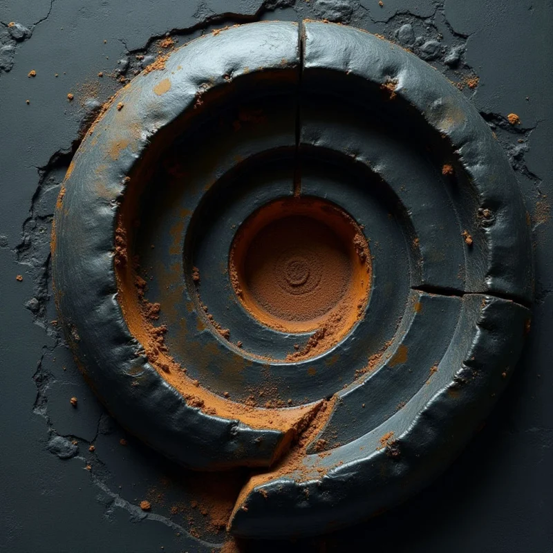 The image features a dark, roughly textured surface with a central circular form composed of segmented, matte black elements surrounding an orange-brown spiral. The overall color palette is dominated by shades of gray and brown, with the contrasting orange becoming more concentrated towards the center. Light appears to be diffused, creating soft shadows and highlighting the granular texture of both the background and the spiraling material within the circular shape.