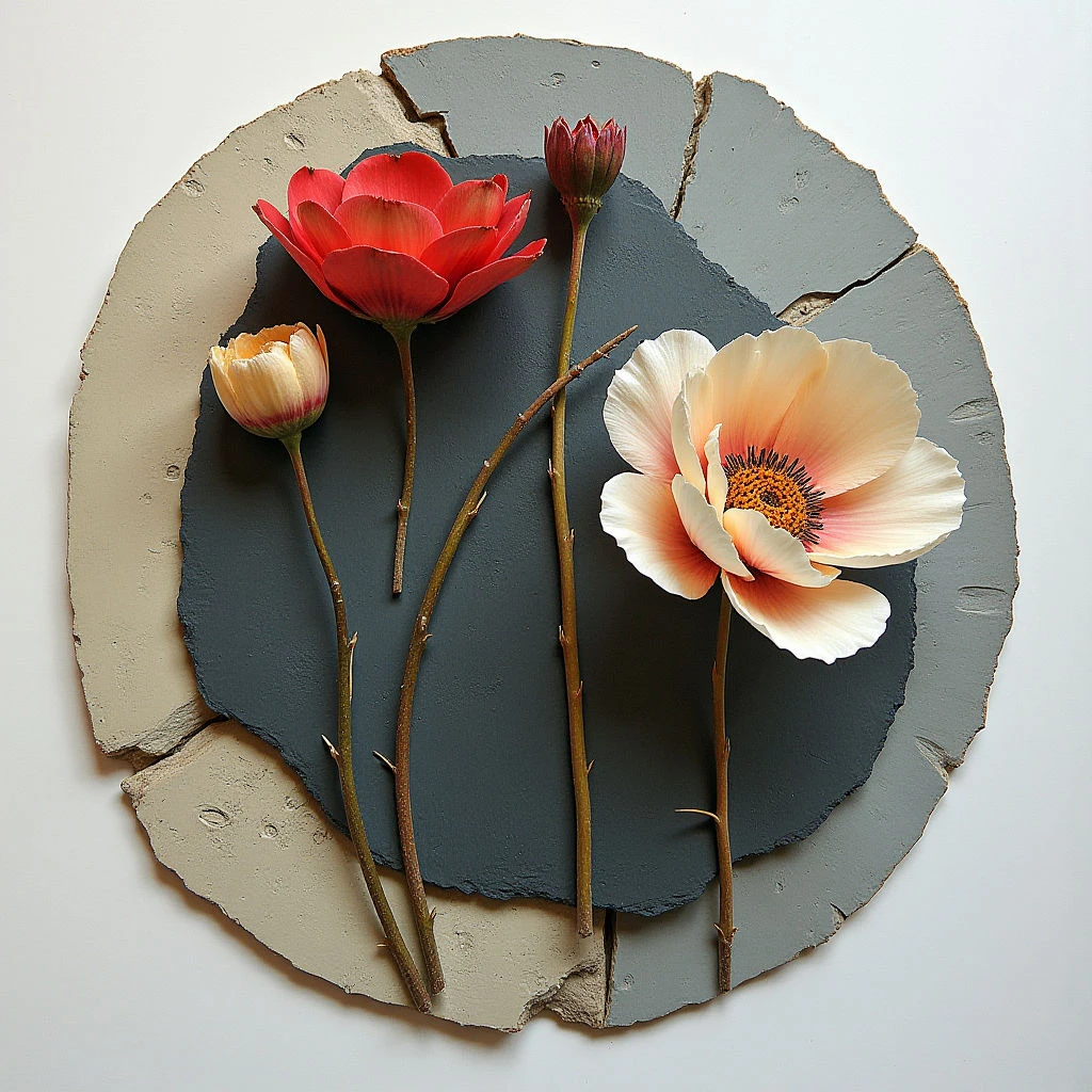 The image features three flowers—red, pale yellow, and peach—arranged vertically against a background of overlapping, irregularly shaped gray and beige forms. The textures appear matte with slight variations in surface quality, contrasting the smooth petals of the blooms with the rough edges of the supporting shapes. Soft, diffused light illuminates the composition, creating subtle shadows and highlighting the delicate details of the flowers’ centers and stems.