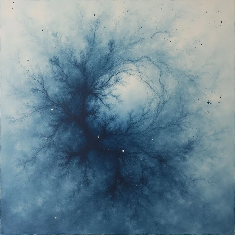 The image is dominated by shades of blue and gray, ranging from deep indigo to pale sky tones. A network of thin, dark branches spreads outwards from a central, denser mass, creating a tree-like form against a softly blurred background. Small, scattered points of light are visible throughout the composition, suggesting stars or distant glimmers within a hazy spatial depth.