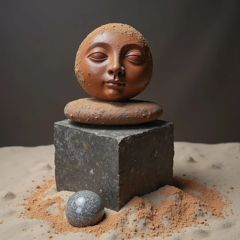 A smooth, reddish-brown spherical face with human features rests atop a flat, textured stone disc, which sits on a dark, cubic block. The composition is set against a neutral gray background and a landscape of fine, tan sand interspersed with clumps of reddish earth. Soft light illuminates the rounded surfaces of the objects, creating gentle highlights and shadows that emphasize their varied textures, from polished skin to coarse grit.