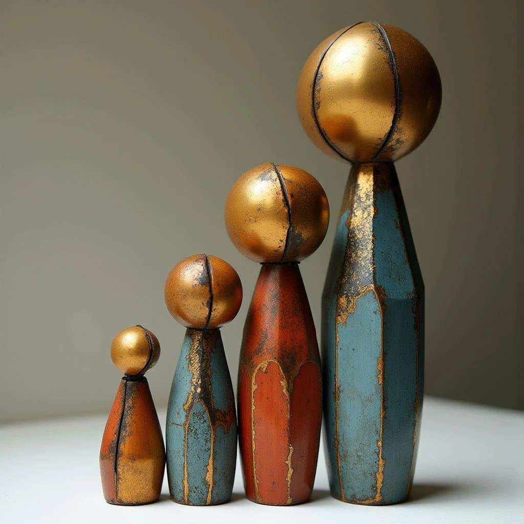 The arrangement features five elongated, spindle-shaped forms of decreasing size, each topped with a spherical element. Surfaces display a mix of warm red-orange and cool teal hues with gold accents outlining edges and seams, suggesting metallic texture alongside weathered or patinated areas. Soft, diffused light illuminates the objects from the front, creating gentle highlights and subtle shadows that define their volumes and establish a close spatial relationship within the grouping.