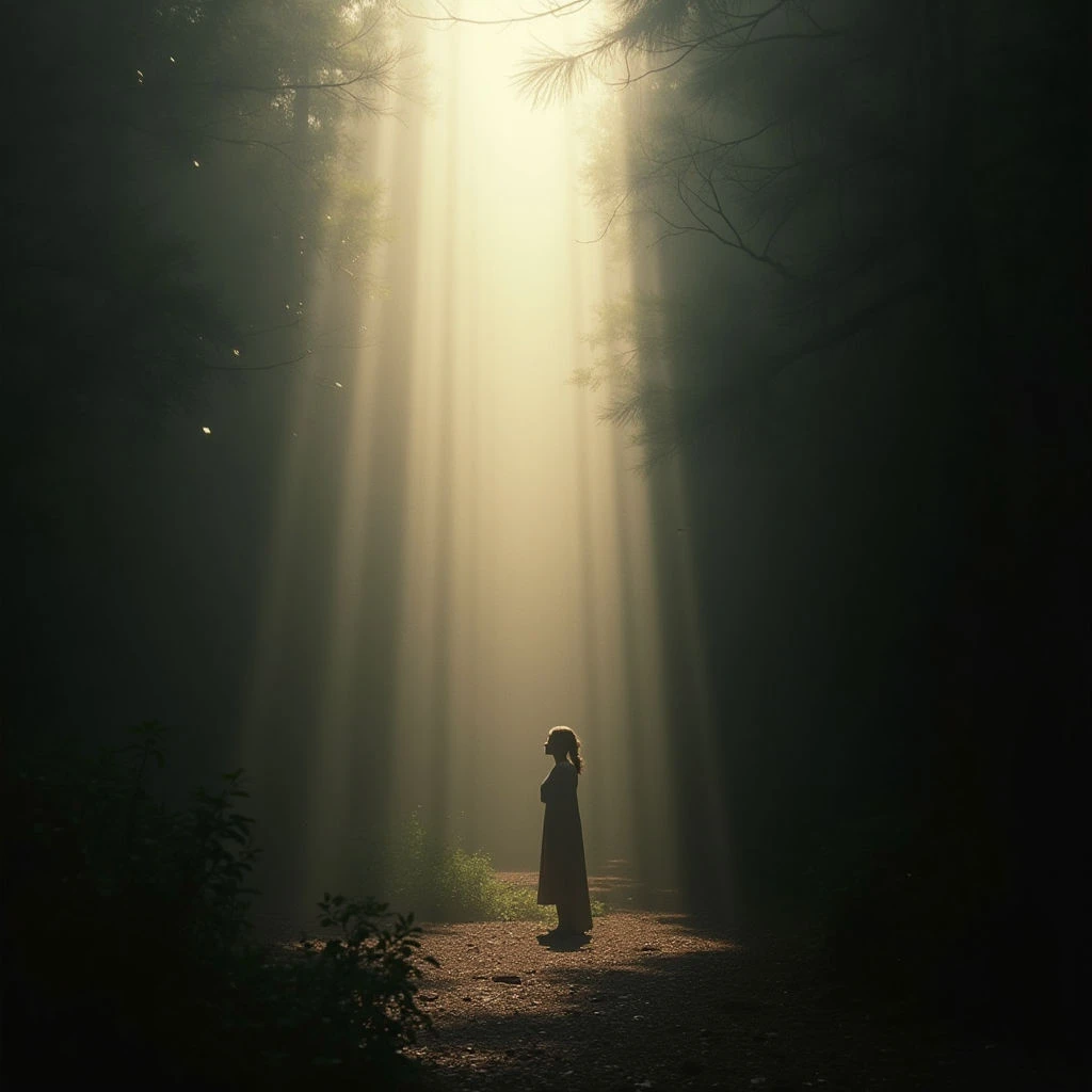 A lone figure stands silhouetted in a forest clearing, bathed in dramatic beams of sunlight piercing through the dense trees. The light creates an ethereal glow around the person, contrasting with the dark, shadowy woods surrounding them. It’s a quiet and solitary moment, evoking a sense of peace or perhaps contemplation.