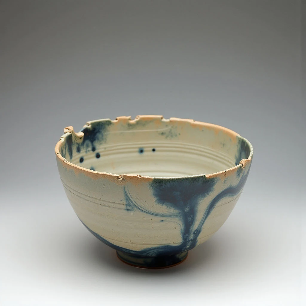 A large, rounded ceramic bowl sits against a neutral gray background. The bowl is primarily cream-colored with streaks of dark blue glaze flowing across its surface and pooling near the bottom edge. Its rim is unevenly textured with small protrusions and darker blue accents, suggesting a handmade quality.
