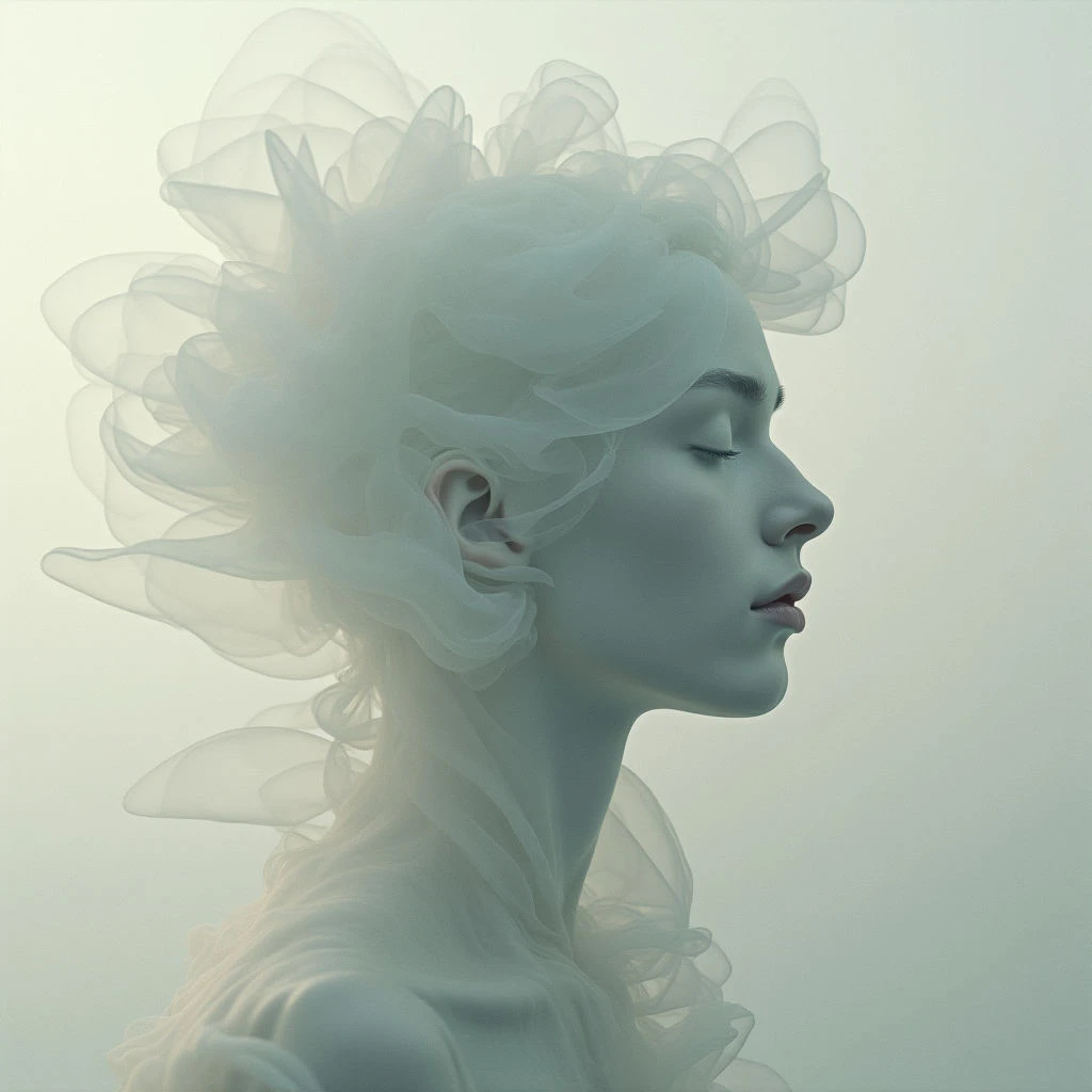 A woman with closed eyes is shown in profile, her face and neck a pale green hue. Her hair seems to be constructed of flowing, translucent ribbons that swirl around her head like smoke or water. The background is a soft, muted green, creating an ethereal and dreamlike quality.