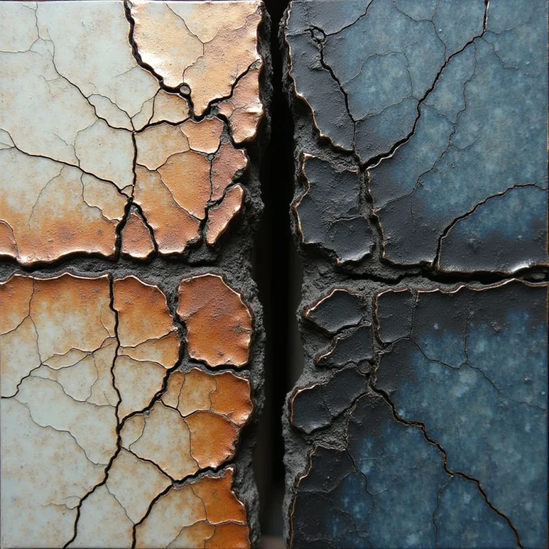 A vertical fissure divides the frame into two distinct halves, featuring contrasting tones of warm copper and pale cream on the left against deep blues and charcoal grays on the right. Both sides exhibit a heavily cracked, tectonic texture with jagged edges that reveal dark, granular material within the central split. Light appears diffused across the matte surfaces, emphasizing the depth of the crevices and the irregular, geometric patterns of the fractures.