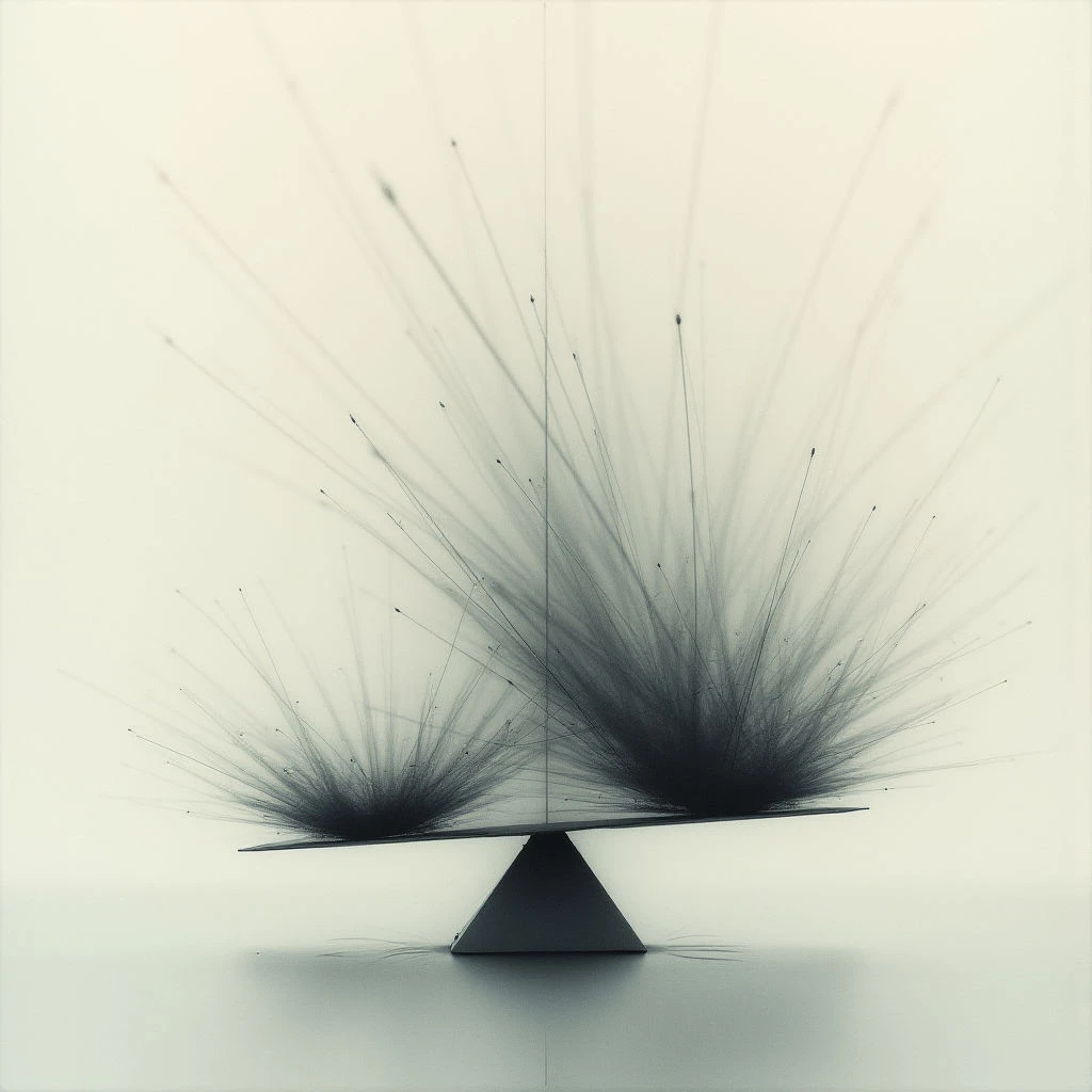 A dark, pyramid-shaped base supports a flat, balanced platform. Rising from each side of the platform are chaotic bursts of thin, spiky lines that radiate outwards like energy or smoke. The whole composition is set against a very pale, almost white background creating a stark and dramatic image.
