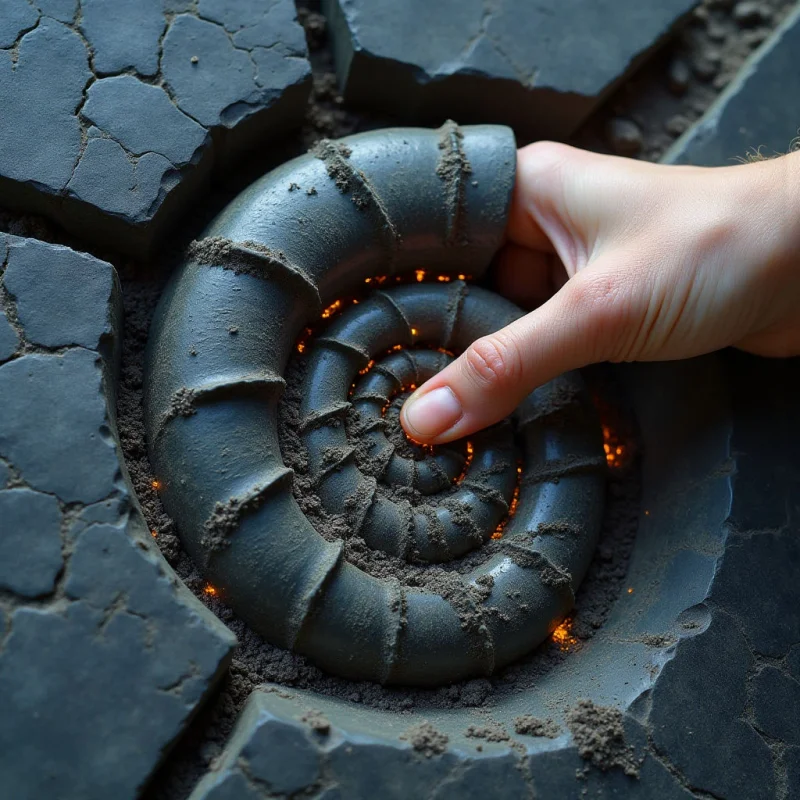 A pale hand reaches into a dark, cracked landscape to touch a coiled, charcoal-colored spiral shape. The composition features rough, granular textures and deep crevices filled with fine dark sand, contrasted by small glowing amber embers tucked within the spiral's folds. Light emanates from these warm orange points, casting a soft glow against the matte, dark surfaces of the surrounding terrain.