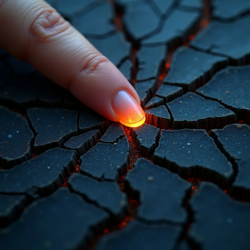 A pale human finger touches a dark, parched surface composed of irregular, jagged polygonal plates. Glowing orange light emanates from the deep fissures between these textured segments and radiates from beneath the fingertip. The composition features a stark contrast between the smooth skin and the rough, cracked earth, with the luminous cracks creating a web-like pattern across the frame.