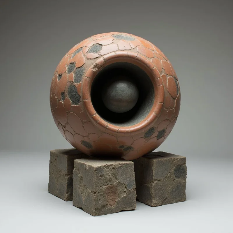 A large, terracotta-colored spherical vessel with dark, irregular patches sits atop three rough-textured, gray stone blocks. The sphere features a deep, circular indentation containing a smooth, dark orb, creating a sense of nested geometric depth. Soft, diffused light illuminates the scene from above, casting gentle shadows and emphasizing the contrast between the smooth clay and the coarse stone surfaces.