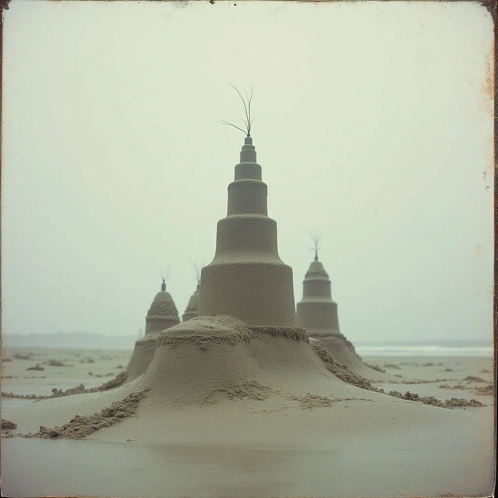 The image is dominated by a muted palette of sandy beige and pale gray tones, with subtle variations suggesting depth and texture. Three conical structures built from sand rise from a flat expanse, each topped with sparse, twig-like branches; the surfaces appear rough and granular, contrasting with the smoother horizon line in the distance. Soft, diffused light washes over the scene, minimizing strong shadows and creating a sense of atmospheric perspective as the forms recede into a hazy background.