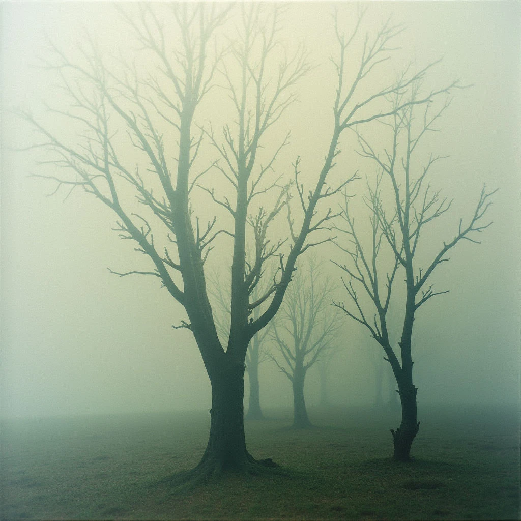Bare, twisting trees stand silhouetted against a thick, pale green fog. The ground is covered in low-lying grass, barely visible through the mist, and more trees fade into obscurity further back. An eerie stillness permeates the landscape, suggesting cold and isolation.