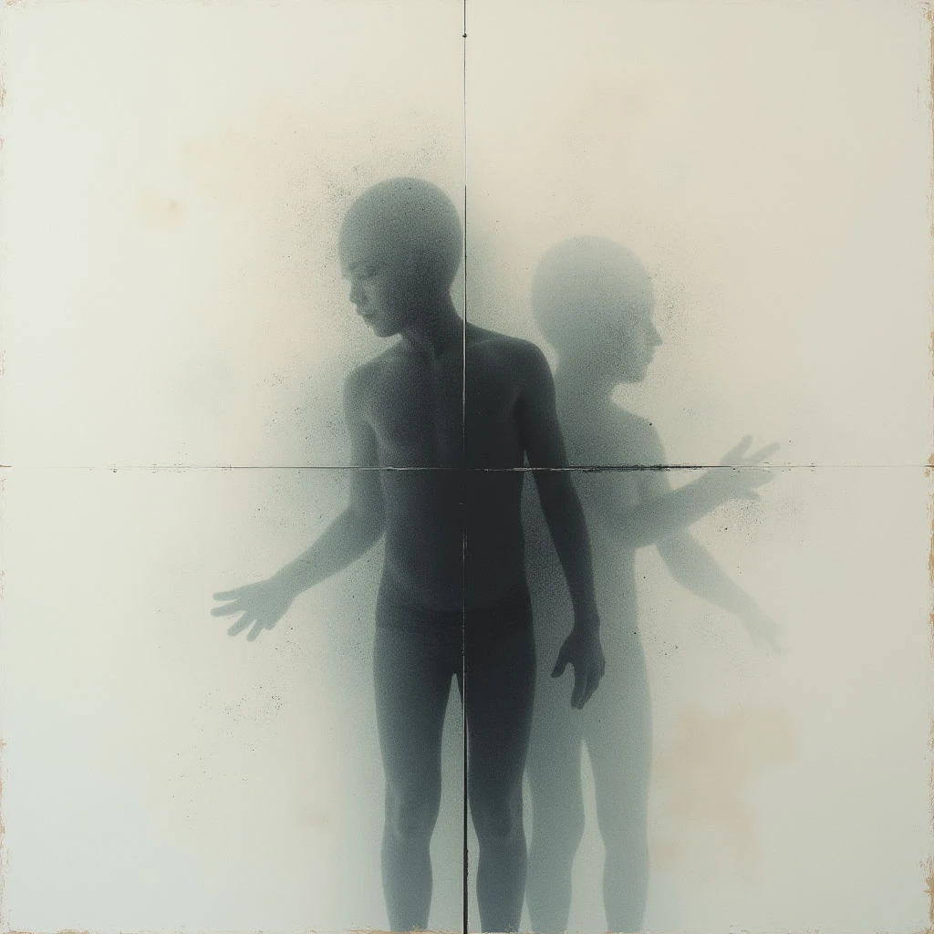 Two shadowy figures of a young boy stand side-by-side against a pale, indistinct background. Both boys have their arms outstretched, as if reaching or bracing themselves. The images are blurred and ghostly, appearing like impressions on frosted glass.
