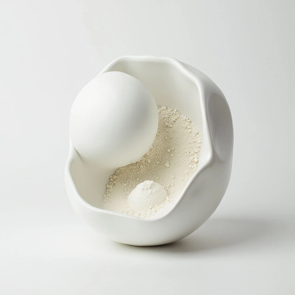A smooth, white sphere rests partially within an abstract, organically-shaped vessel of the same color. The interior of the vessel is filled with a pale powder and contains a smaller, cone-like form rising from the center. Both objects sit on a seamless light gray surface.